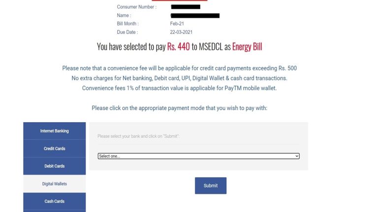 msedcl bill payment credit card charges