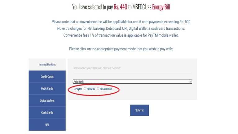 msedcl bill payment credit card charges